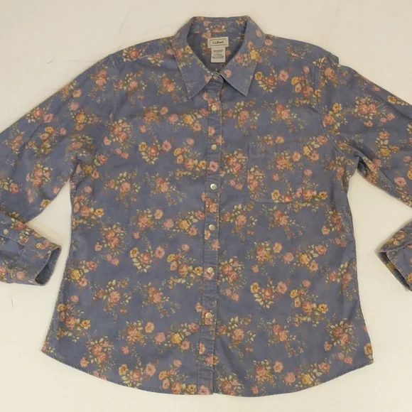 Floral Corduroy Shirt 100% Cotton Fine Wale Periwinkle Blue LL Bean Pink Roses - Picture 7 of 10